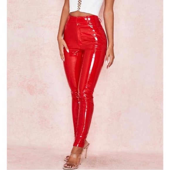 HOUSE OF CB 'Haridan' Red Patent Stretch Vinyl Trousers Pants - Picture 3 of 12